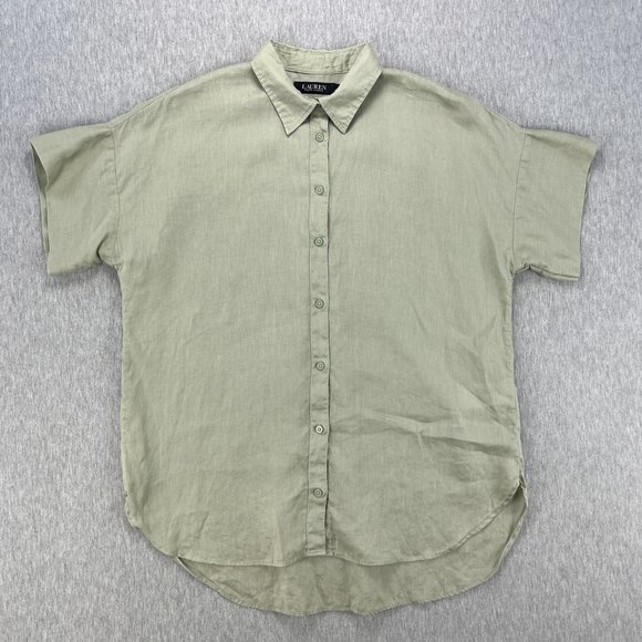 Lauren Ralph Lauren Linen Blouse Top M Short Sleeve Tan Beige Cuffable Lagenlook - Picture 2 of 11